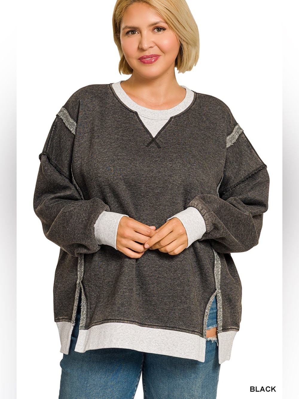 Zenana FLEECE ACID WASHED CONTRAST TRIM PULLOVER